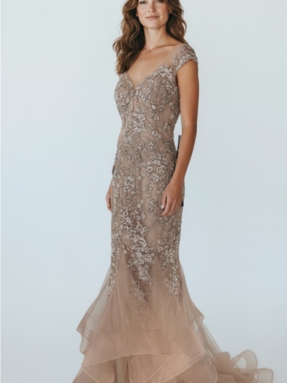 Alexander by Daymor Sz 4 Beaded Taupe Champagne Mother of Groom Bride Dress Gown